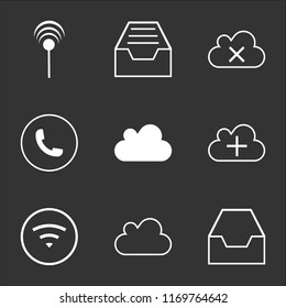 9 simple transparent vector icon pack, set of black icons such as Inbox mail empty tray, Cloud, Wifi, Cloud with plus, download, Auricular phone, remove, menu, Antenna