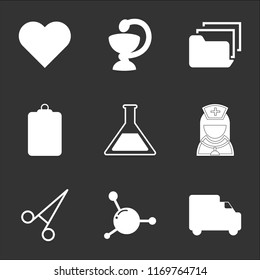 9 simple transparent vector icon pack, set of black icons such as Ambulance, Blood cell, Medical scissors, Nurse, Chemistry flask with liquid, Life, results folders, Pharmacy tool, Heart beats life