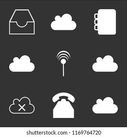 9 simple transparent vector icon pack, set of black icons such as Cloud , Telephone vintage de, remove, refresh, Antenna with, download, Phone book, upload, Mail inbox empty