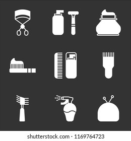 9 simple transparent vector icon pack, set of black icons such as Makeup, Lotion, Mascara, Shaver, Toothbrush, Shaving, Eyelashes curler