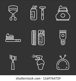 9 simple transparent vector icon pack, set of black icons such as Makeup, Lotion, Mascara, Shaver, Toothbrush, Shaving, Eyelashes curler