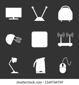 9 simple transparent vector icon pack, set of black icons such as Mouse, Kettle, Lamp, Router, Ethernet, Mixer, Multi-cooker, Antenna, Television