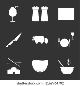 9 simple transparent vector icon pack, set of black icons such as Soup, Steak, Sushi, Dinner, Delivery, Knife, Browser, Salt and pepper, Ice cream