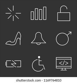 9 simple transparent vector icon pack, set of black icons such as Coding, Disabled, Charging Battery, Male, Notification, Shoe, Unlock, Bar Chart, Loading