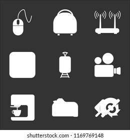 9 simple transparent vector icon pack, set of black icons such as Circular saw, Photo camera, Coffee machine, Video Tram, Weight, Router, Multi-cooker, Mouse