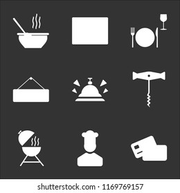 9 simple transparent vector icon pack, set of black icons such as Cit card, Cooker, Barbecue, Corkscrew, Bell, Closed, Dinner, Browser, Soup