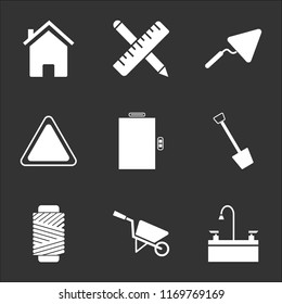 9 simple transparent vector icon pack, set of black icons such as Sink, Barrow, Wire Roll, Shovel, Elevator, Danger, Trowel, Ruler and Pencil, Home