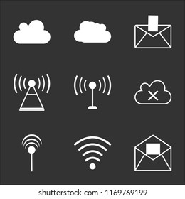 9 simple transparent vector icon pack, set of black icons such as Mail open, Wifi full, Antenna with, Cloud remove, download, Clouds storm, download
