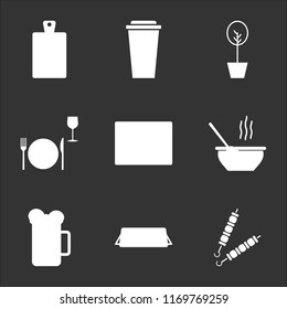 9 simple transparent vector icon pack, set of black icons such as Brochette, Reserved, Beer, Soup, Browser, Dinner, Tree, Coffee cup, Board