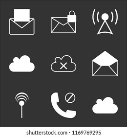 9 simple transparent vector icon pack, set of black icons such as Cloud reload, Phone block, Antenna with, Open mail interface, remove, download, Tower, Mail encryption envelope with  paper