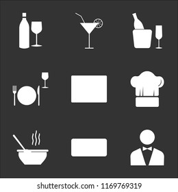 9 simple transparent vector icon pack, set of black icons such as Waiter, Discount, Soup, Chef hat, Browser, Dinner, Champagne, Cocktail, Wine