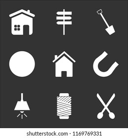 9 simple transparent vector icon pack, set of black icons such as Scissors, Wire Roll, Lamp, Magnet, Home, Screw, Shovel, Direction, Home