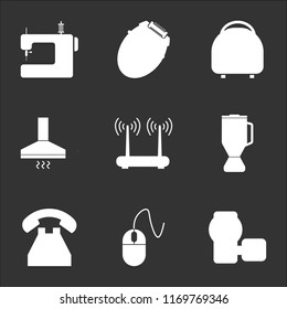 9 simple transparent vector icon pack, set of black icons such as Camcorder, Mouse, Telephone, Blender, Router, Extractor hood, Multi-cooker, Epilator, Sewing machine