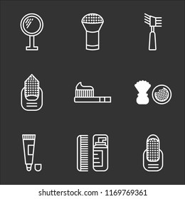 9 simple transparent vector icon pack, set of black icons such as Manicure, Lotion, Toothpaste, Powder, Toothbrush, Mascara, Mirror