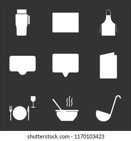 9 simple transparent vector icon pack, set of black icons such as Ladle, Soup, Dinner, Wine menu, Wifi, Apron, Browser, Point service