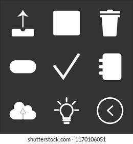 9 simple transparent vector icon pack, set of black icons such as Left arrow, Idea, Cloud computing, Agenda, Check mark, Switch, Garbage, Video player, Upload