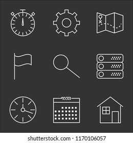 9 simple transparent vector icon pack, set of black icons such as House, Calendar, Clock, Server, Search, Flag, Map, Settings, Stopwatch