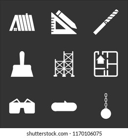 9 simple transparent vector icon pack, set of black icons such as Wrecking Ball, Wood, Protection Glasses, House Plan, Scaffolding, Scraper, Drill Tip, Ruler and Pencil, Roof