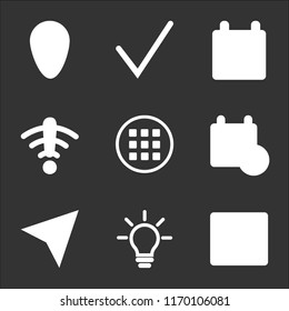 9 simple transparent vector icon pack, set of black icons such as Video player, Idea, Compass, Calendar, Menu, Wifi, Check mark, Placeholder