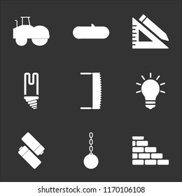 9 simple transparent vector icon pack, set of black icons such as Bricks, Wrecking Ball, Batteries, Light Bulb, Saw, Ruler and Pencil, Wood, Steamroller