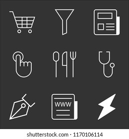 9 simple transparent vector icon pack, set of black icons such as Energy, Web News, Pen Tip, Stethoscope, Cutlery, Touch, Newspaper, Filter, Shopping Cart