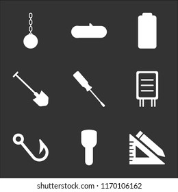 9 simple transparent vector icon pack, set of black icons such as Ruler and Pencil, Torch, Hook, Road Panel, Screwdriver, Shovel, Battery Charging, Wood, Wrecking Ball