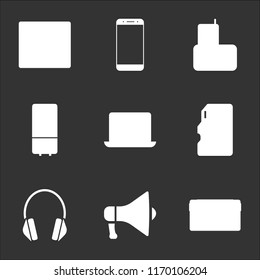 9 simple transparent vector icon pack, set of black icons such as Cassette, Megaphone, Headphones, Memory card, Computer, Refrigerator, Home phone, Smartphone, Cardiogram