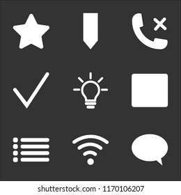 9 simple transparent vector icon pack, set of black icons such as Speech, Wifi, List, Video player, Idea, Check mark, Phone call, Bookmark, Star