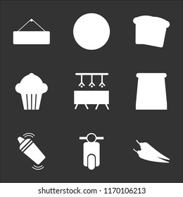 9 simple transparent vector icon pack, set of black icons such as Spicy food, Scooter, Shaker, Take away, Bar, Cupcake, Toast, Breakfast, Open