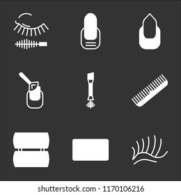 9 simple transparent vector icon pack, set of black icons such as Eyelashes, Makeup, Comb, Mascara, Manicure, Mascara
