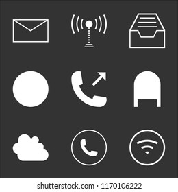 9 simple transparent vector icon pack, set of black icons such as Wifi, Auricular phone, Stormy clouds, Mailbox, Phone out, Phone, Cloud menu, Tower, Mail