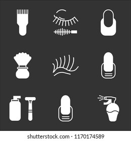 9 simple transparent vector icon pack, set of black icons such as Lotion, Manicure, Shaving, Eyelashes, Mascara, Shaver