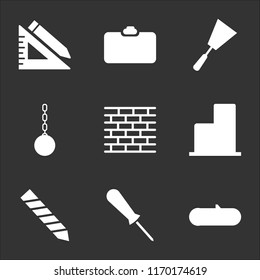 9 simple transparent vector icon pack, set of black icons such as Wood, Screwdriver, Drill Tip, Buildings, Brick, Wrecking Ball, Scraper, Identification, Ruler and Pencil