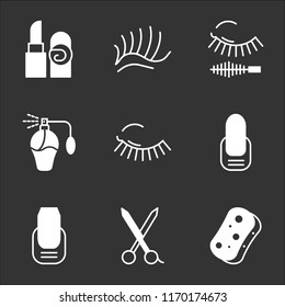 9 simple transparent vector icon pack, set of black icons such as Sponge, Scissors, Manicure, Mascara, Perfume, Eyelashes, Lipstick