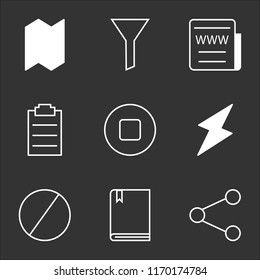 9 simple transparent vector icon pack, set of black icons such as Share, Book with Bookmark, Blocked, Energy, Stop Circular Button, Schedule, Web News, Filter, Map