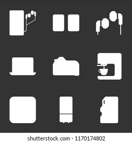 9 simple transparent vector icon pack, set of black icons such as Memory card, Refrigerator, Weight, Coffee machine, Photo camera, Computer, Earphones, Speaker, Music player