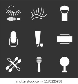 9 simple transparent vector icon pack, set of black icons such as Mirror, Hair brush, Earbuds, Razor, Toothpaste, Manicure, Powder, Eyelashes, Mascara