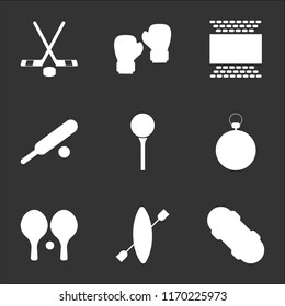 9 simple transparent vector icon pack, set of black icons such as Skateboard, Kayak, Ping pong, Stopwatch, Golf, Cricket, Football pitch, Boxing, Hockey