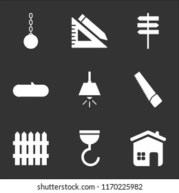 9 simple transparent vector icon pack, set of black icons such as Home, Hook, Fence, Saw, Lamp, Wood, Direction, Ruler and Pencil, Wrecking Ball