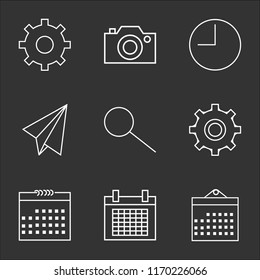 9 simple transparent vector icon pack, set of black icons such as Calendar, Settings, Search, Paper plane, Time, Photo camera, Settings