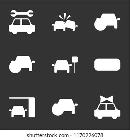 9 simple transparent vector icon pack, set of black icons such as Present Car, Car with Spare Tire, Changing Oil, Sport Parked GPS, Painted Accident, Service
