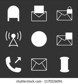 9 simple transparent vector icon pack, set of black icons such as Mailbox, Email envelope, Phone out, Mail save interface, Phone, Tower, encryption envelope with  paper, Mailbox