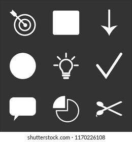 9 simple transparent vector icon pack, set of black icons such as Scissors, Pie chart, Speech bubble, Check mark, Idea, User, Down arrow, Video player, Target