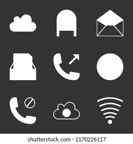 9 simple transparent vector icon pack, set of black icons such as Wifi full, Cloud video play, Phone block, Phone, out, Inbox with mail, Open mail interface, Mailbox, reload