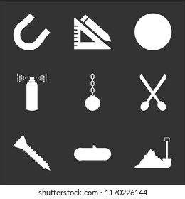 9 simple transparent vector icon pack, set of black icons such as Sand, Wood, Screw, Scissors, Wrecking Ball, Spray, Ruler and Pencil, Magnet