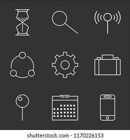 9 simple transparent vector icon pack, set of black icons such as Smartphone, Calendar, Pin, Briefcase, Settings, Share, Wifi, Search, Hourglass