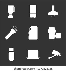 9 simple transparent vector icon pack, set of black icons such as Cctv, Computer, Pendrive, Camcorder, Memory card, Flashlight, Extractor hood, Refrigerator, Blender