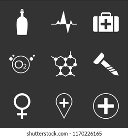 9 simple transparent vector icon pack, set of black icons such as Hospital medical, placeholder, Female, Screw, Biology shape, Oxygen, First aid kit, Pulse, Poison bottle with a skull