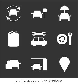 9 simple transparent vector icon pack, set of black icons such as Car Placeholder, Changing Oil, Locked, Wheel and Wrench, Service, Oil Can, Umbrella Car, Parked Refreshing
