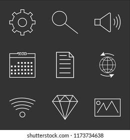 9 simple transparent vector icon pack, set of black icons such as Picture, Diamond, Wifi, Worldwide, File, Calendar, Speaker, Search, Settings